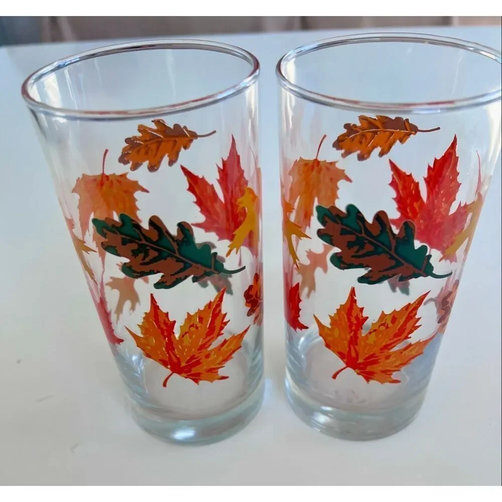 2 Vintage  Libbey Crisa Autumn Fall Leaves Highball Glasses.